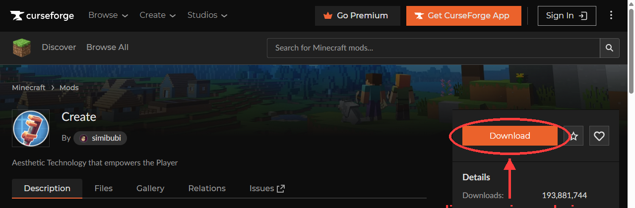 Página do mod Create no CurseForge, com seta indicando o botão de download