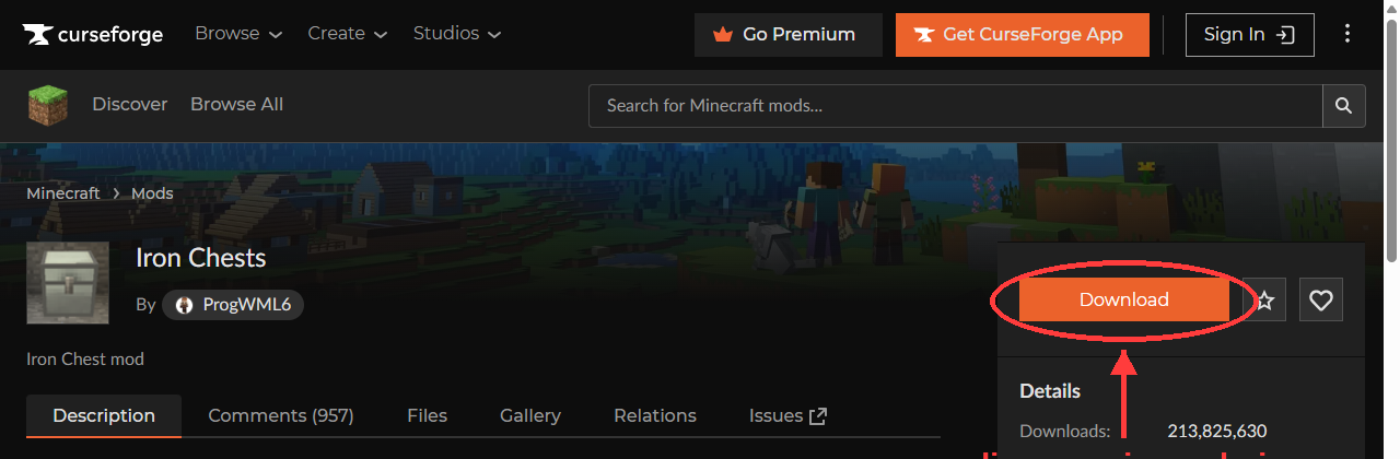 Página do mod Iron Chests no CurseForge, com seta indicando o botão de download