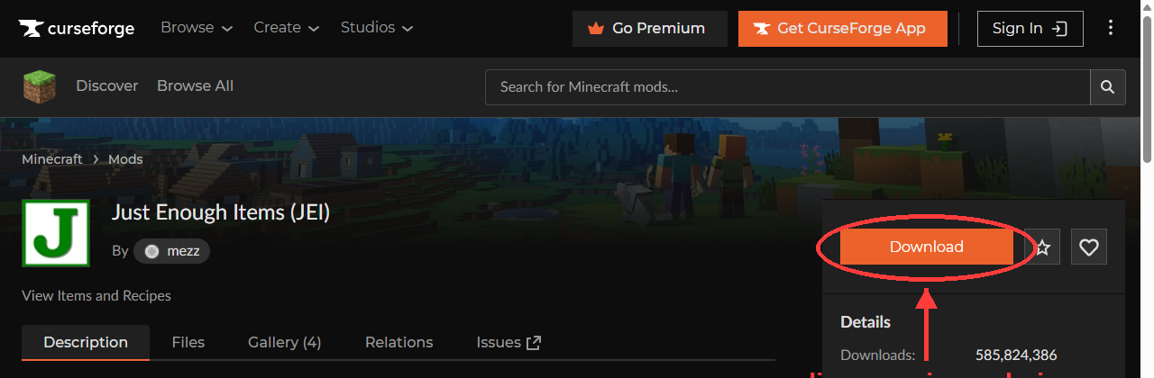 Página do mod JEI (Just Enough Items) no CurseForge, com seta indicando o botão de download
