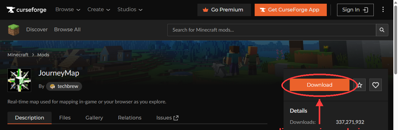 Página do mod JourneyMap no CurseForge, com seta indicando o botão de download